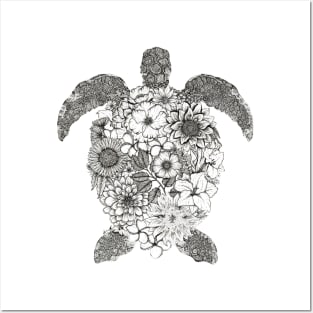 Floral Turtle White Background Posters and Art